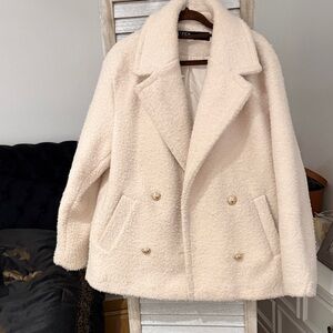 Zara Cream Teddy Bouclé Double-Breasted Jacket